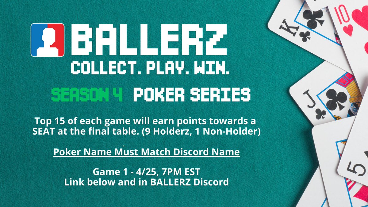 BALLERZ_NFT's tweet photo. 🎉Season 4 of our Poker Series kicks off tonight!🎉

Accumulate points over 10 games, 2 games each week, for a seat at the final table main event.

Grand Prize is an awesome Ballerz/Sneakerz NFT combo. 

Join below👇

1/2 https://t.co/tLR4ODqaI9