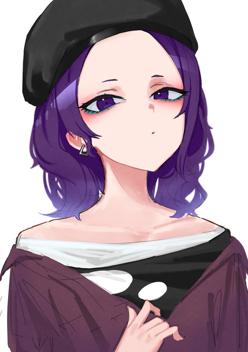 1girl solo purple hair purple eyes hat white background jewelry  illustration images