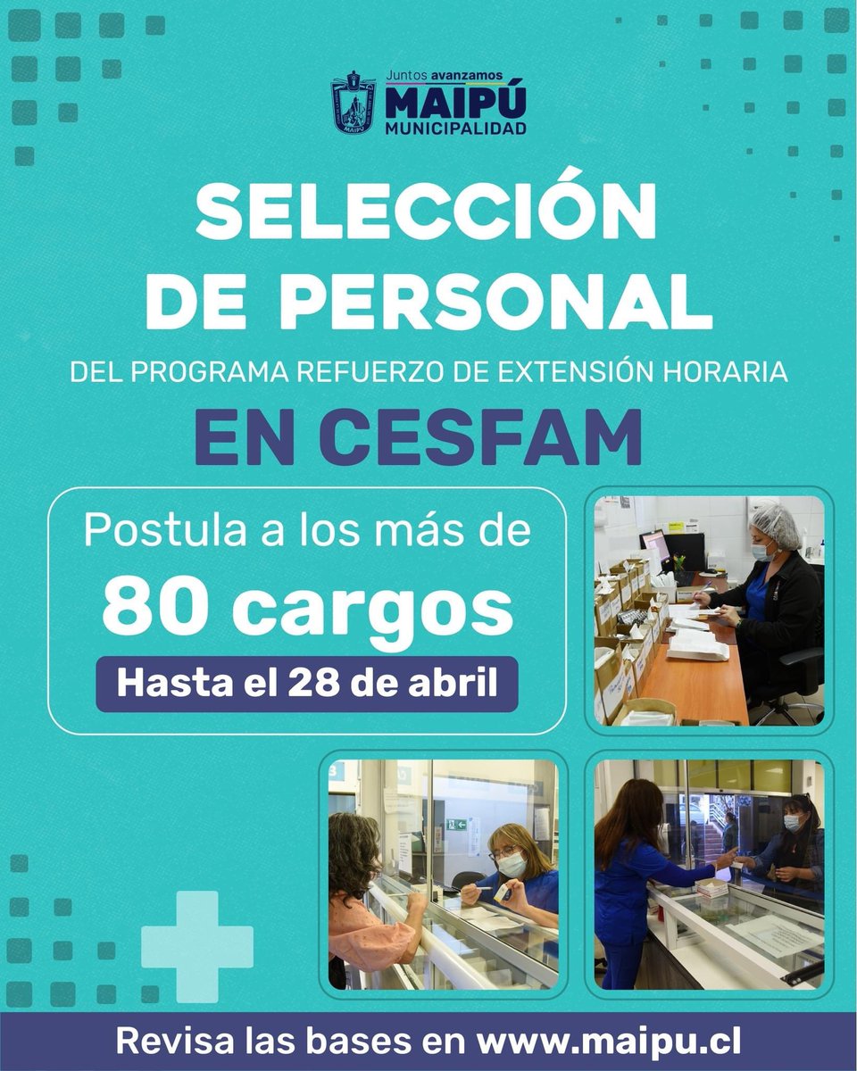 TomasVodanovic's tweet photo. Atención profesionales de la salud! En Maipú realizaremos un refuerzo de extensión horaria en toda nuestra red de APS y abrimos concurso de más de 80 plazas laborales. Les dejo el link con detalles, se agradece la difusión. 

https://t.co/ZfxcVY98Dn https://t.co/8OFLH9tlKl