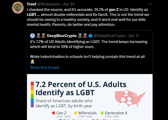 I'll never understand how, in the year 2023, there is so much vitriol for people who identify as LGBTQ. 

Why does it matter who somebody loves?
Mind your fucking business.

LOVE IS LOVE. 🏳️‍🌈💙