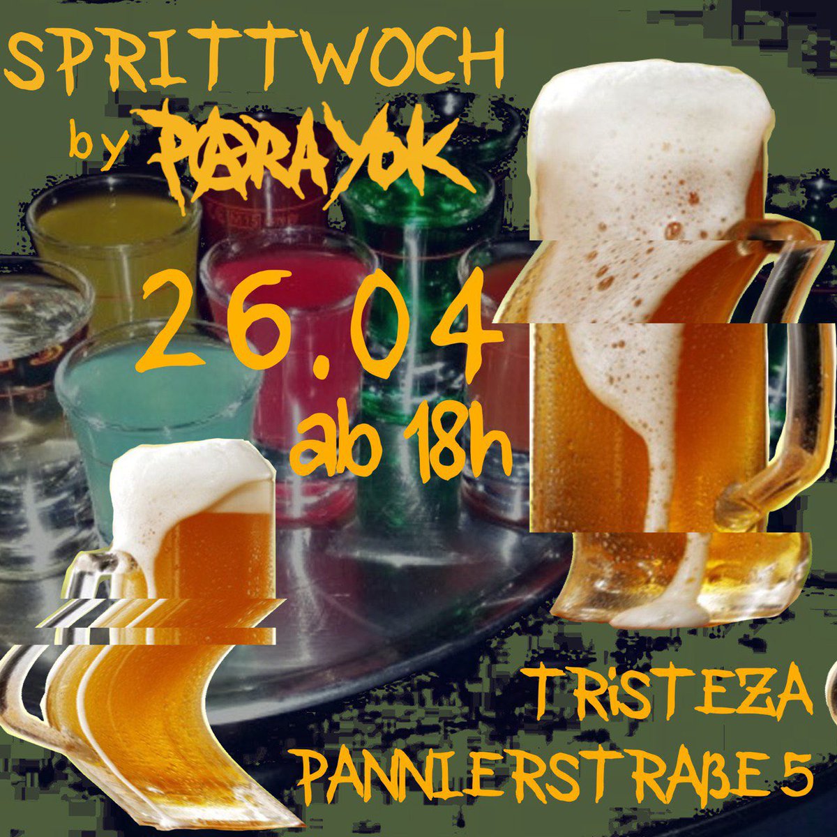 Endlich gibts n’Para Yok Barabend!
Hoch die Tassen, Wochenmitte!! 

🍻Wir laden euch diesen Mittwoch ab 18 Uhr zum „Sprittwoch“ in die Tristeza ein 🍻

🍺 Sprittwoch by Para Yok 
🗓️ 26.04.23.
🕕 Ab 18 Uhr 
👀 @ Tristeza (Pannierstraße 5, 12047)
