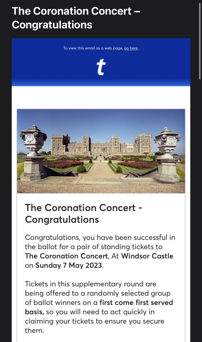 A lovely birthday surprise to win a pair of tickets for the coronation concert to find that as usual <a href="/TicketmasterUK/">ticketmasteruk</a> can’t organise themselves never mind anything else. Email arrived at 12:04pm, turns out the tickets had all gone by 12:03pm.

Word the email better at least!