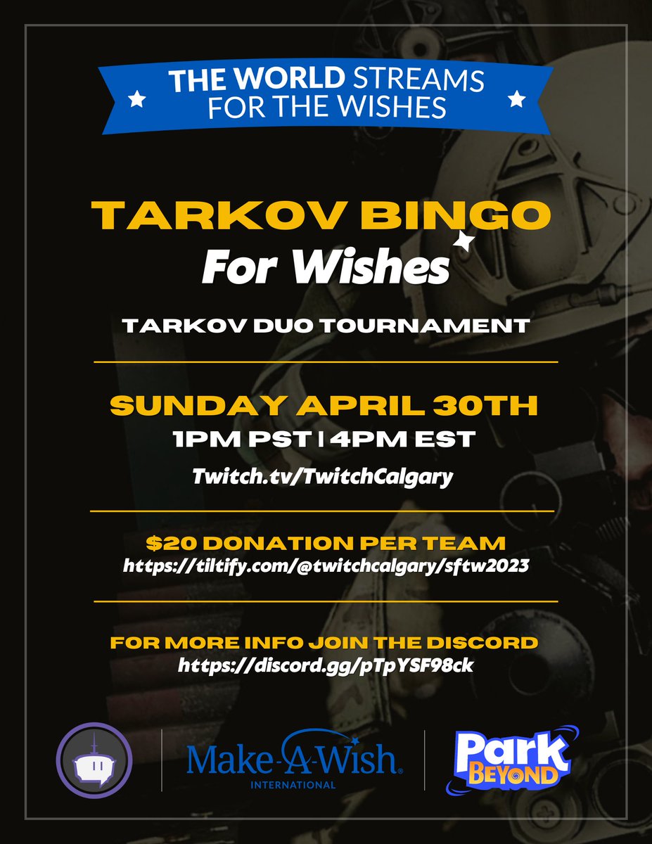TwitchCalgary's tweet photo. Do you enjoy @tarkov and raising funds for @streamftwintl 

Then join our Duo's #Tarkov Bingo Tournament on Sunday, April 30th at 1 PM PST / 4 PM EST

Links in replies https://t.co/2nNrNHgnn2