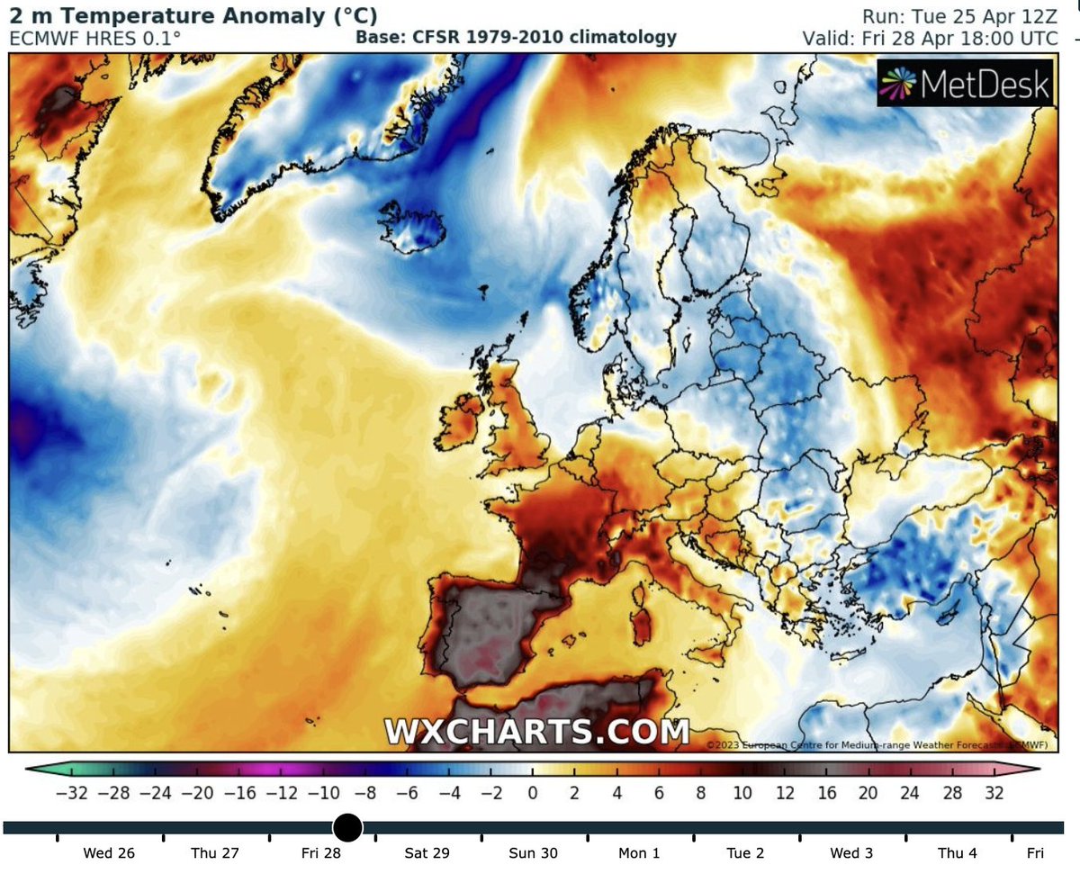 Det vil bli vannvittig høge temperaturar i Spania og Marokko dei neste dagane. 20 grader varmare enn normalt er ekstremt.