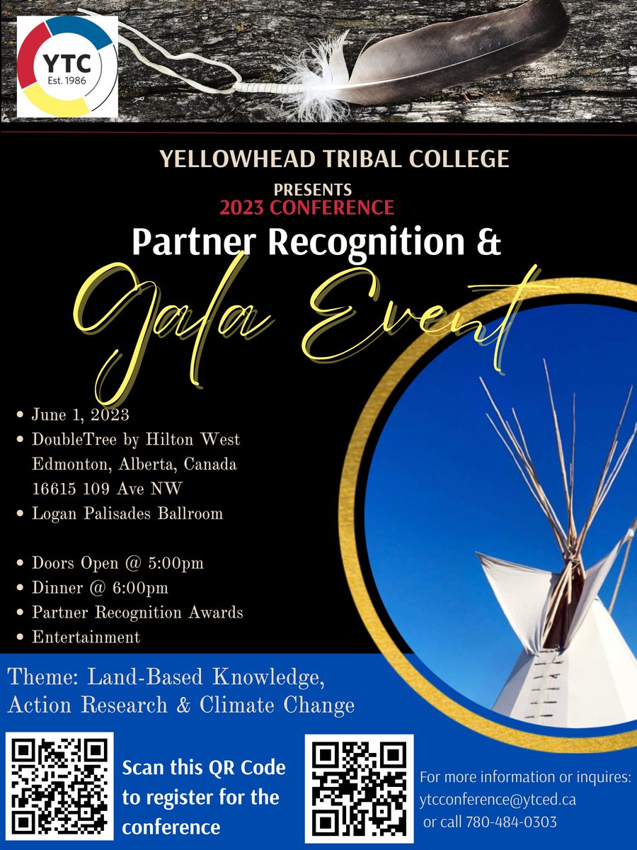 SAVE THE DATE! Yellowhead Tribal College Conference is scheduled for June 1st &amp; 2nd, 2023.  Click the link to register: forms.gle/BSUm7QL2gC1hXA…
Theme: Land-Based Knowledge, Action Research &amp; Climate Change. Website link here: ytced.ab.ca/2023-ytc-confe…