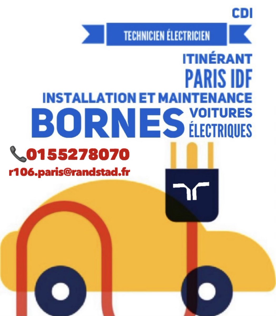GalanteMarie's tweet photo. #offresdemploi #cdi #technicien #randstad #recrute #maintenance #voitures 
Notre client recrute 3 techniciens en CDI pour installer et assurer la maintenance de bornes de recharge de voitures électriques. Salaire motivant en fonction expérience. https://t.co/99XzUBWnCx