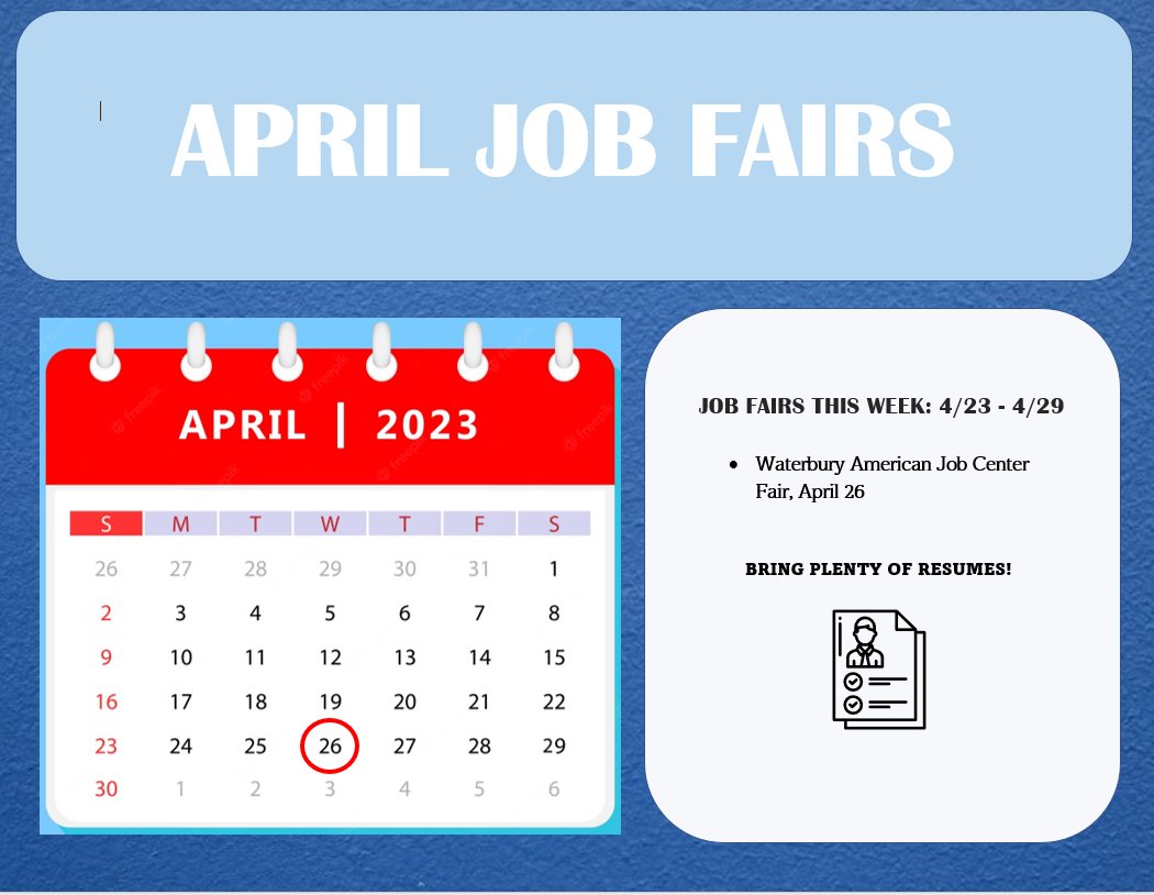 Waterbury American Job Center Career Fair|#Waterbury, CT| 04/26/2023 | 11:00 AM-02:00 PM |

See flyer, register @  bit.ly/3Agr6un

#JobFair #Onsite #Jobseekers