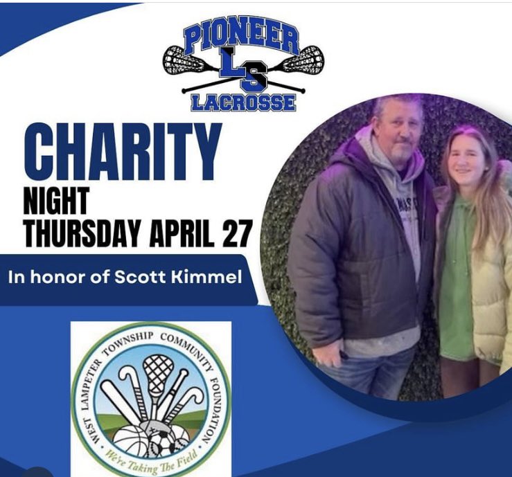 Charity Game, 4/27 (JV 5:30pm/V 7pm) Memory of Scott Kimmel.  We plan on placing a tree &amp; plaque at YMCA Park in Scott’s memory along with making a donation to the W Lampeter Community Fdn.  You may donate at the game or DM us for other options. 💙🤍🥍 @JWalkLNP <a href="/lshspioneers/">Lampeter-Strasburg High School</a>