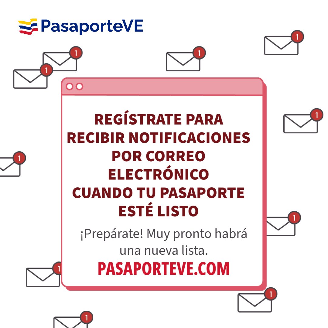 PasaporteVE's tweet photo. ¡Recibe una notificación en el momento en que tu nombre aparezca en la última lista de pasaportes listos en la embajada de Venezuela en México!
Regístrate en nuestra página web https://t.co/DlB3sDWaZC para recibir notificaciones por correo electrónico. https://t.co/XcelvuSSmM