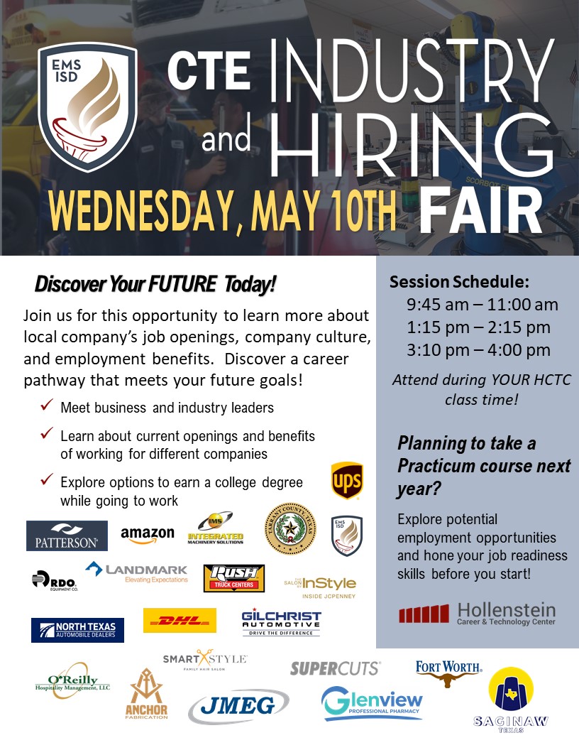 2nd Annual EMS ISD CTE Industry and Student Hiring Fair is coming soon! Get ready to show your #CareerReady skills to local business and industry leaders! <a href="/CtcHollenstein/">Hollenstein CTC, EMS ISD</a> <a href="/EMSISD_CTE/">EMSISD CTE</a>