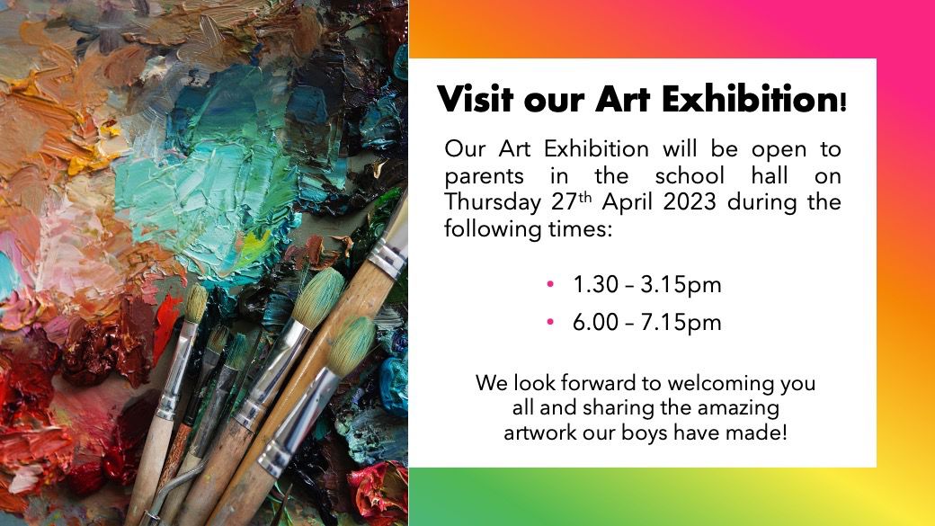 We are very excited to be hosting our set exhibition in the hall this Thursday, April 27th 🎨🖼️ Parents are welcome to view the exhibition from 1.30 - 2.45pm and 6.00 - 7.00pm 👨‍🎨