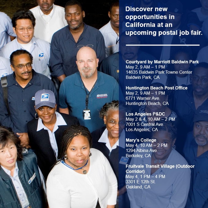 USPS_Careers JobFair|#Oakland, CA| 05/04/2023 | 01:00 PM-04:00 PM |

See flyer, register <a href="/CareersUsps/">USPS_Careers</a>

#JobFair #Onsite #Jobseekers