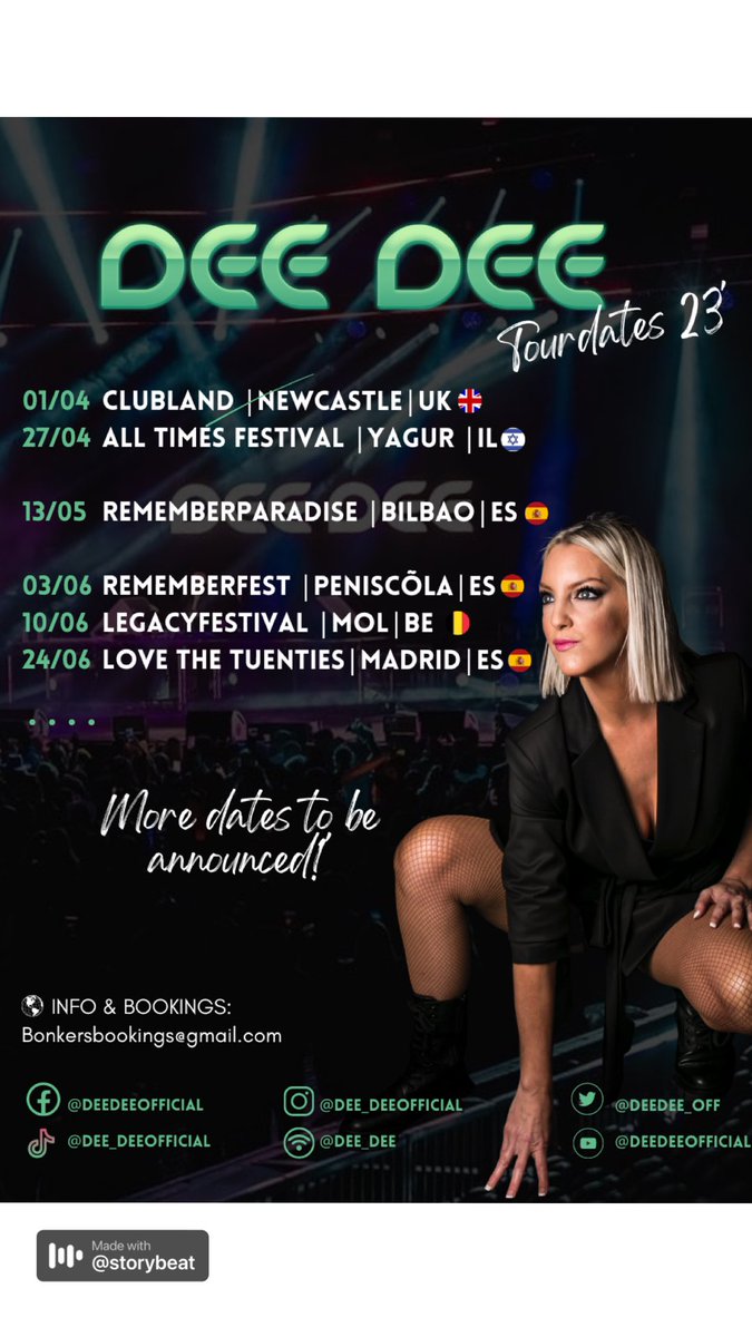 Sharing some tourdates for you guys and more to be announced !!…💚🎤🥰 ​ ​Where will we meet? ✌🏻😎 ​📸 @eveliendemaertelaere ​🧥 @bonvie_boutique ​💇🏼‍♀️ @kapsalonderya ​#DeeDeeForever #belgiandance #Trancefamily #eurodance #clubland #ontour #artist