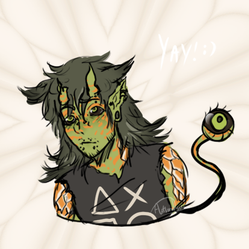 Here's a quick sketch I did for an OC challenge.. it was this:

- favorite color = skin color
- birthstone color = eye color
- color of shirt at the time = hair color
- some animal traits
- added my piercings

I think it's a neat concept, but not my ideal design work. #artmoots