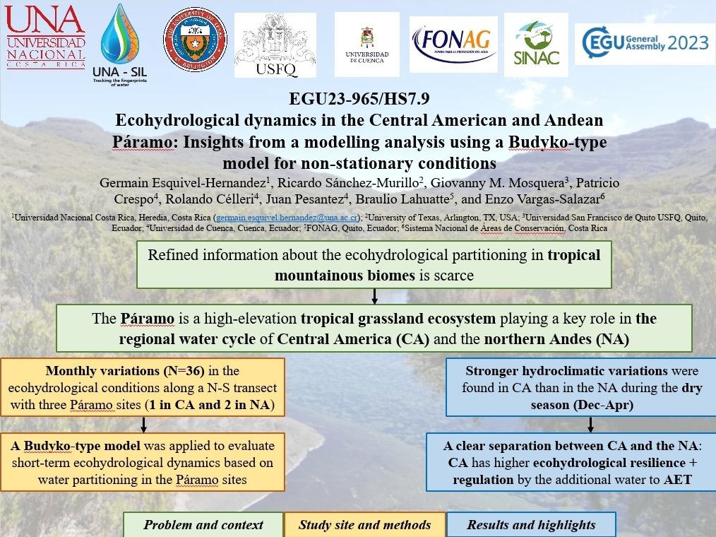 I could not make to #EGU23 in person but I will virtually be presenting a work on Costa Rican and Andean Paramo ecohydrology modeling. Check it out next Wednesday 26 during PICO session HS7.9 (16:30-18:00 CET).