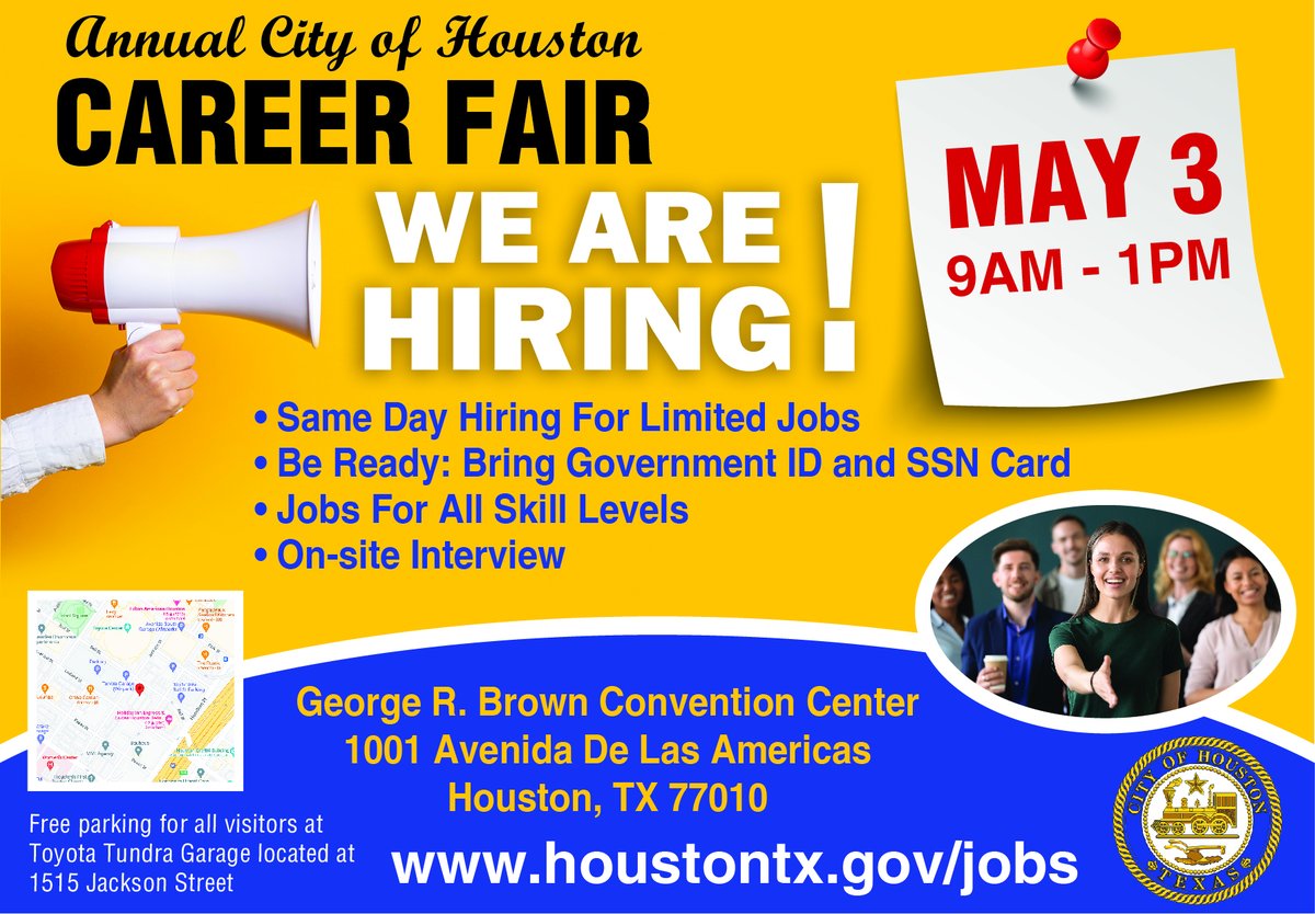 Annual City of Houston Career Fair|#Houston, TX| 05/03/2023 | 09:00 AM-01:00 PM |

See flyer, register <a href="/COHCareers/">COH Careers</a>

#JobFair #Onsite #Jobseekers