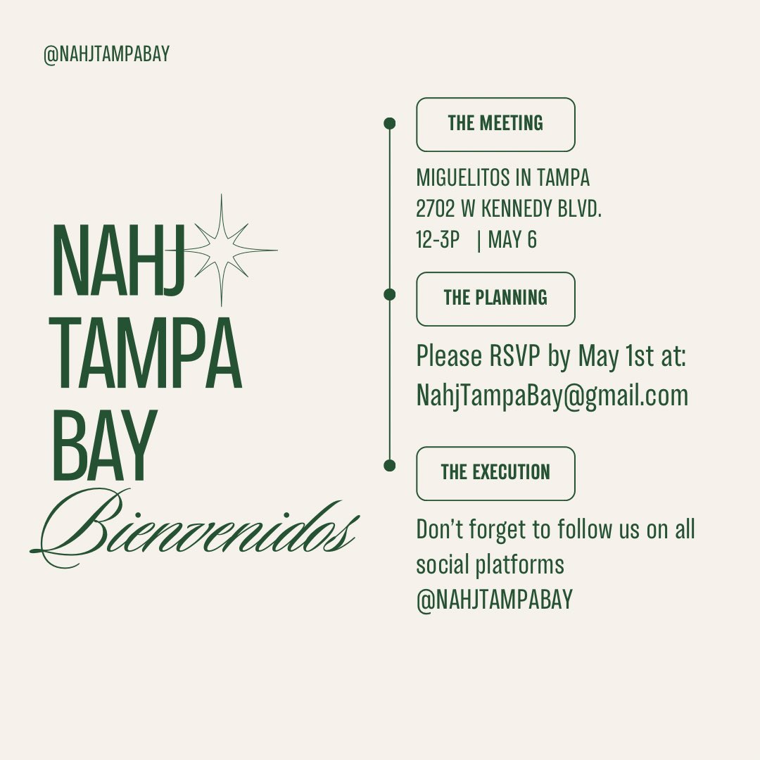 HEY NAHJ FAMILIA! It’s time for our chapter’s first event! We are so excited to meet you all and can’t wait to host you at Miguelitos on May 6th. Please make sure to RSVP BY MAY 1st via EMAIL to join us at our first mixer. Gracias! #NahjTampaBay #NAHJ #LatinosInMedia
