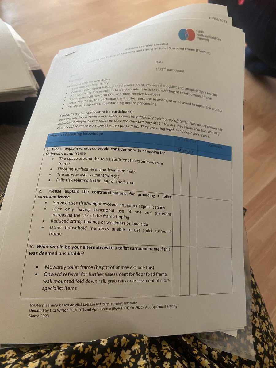 Well @FalkirkHSCP team firsts today Mastery based simulation education enables Homecare teams to safely order small pieces of equipment expertly facilitated using checklists and mastery based approach @beats04ab and Lisa @NatLeadAHPCYP @gailwoodcock @JulieMckinven @scottishcare