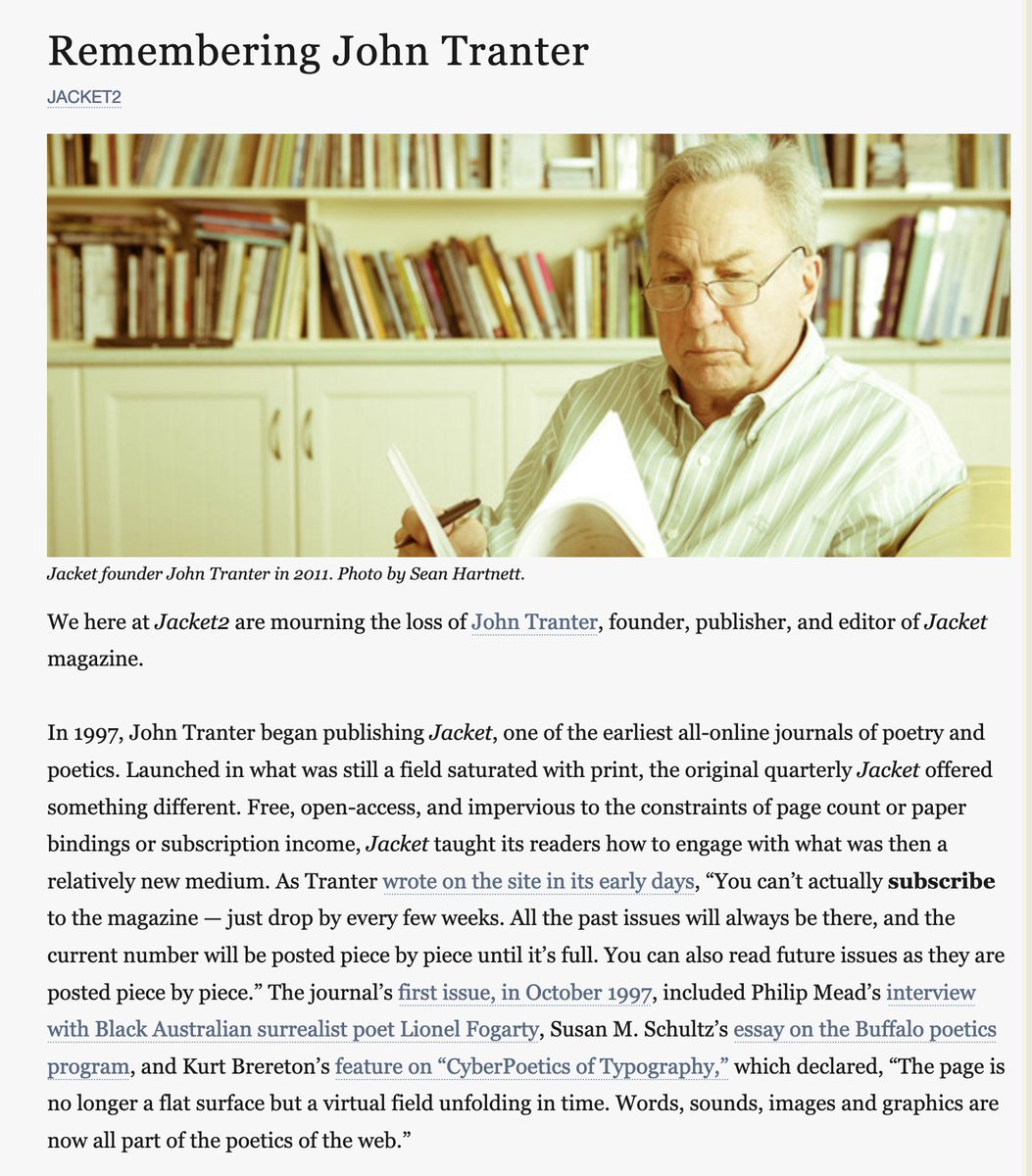 We at Jacket2 remember John Tranter, founding editor of Jacket: jacket2.org/commentary/rem…