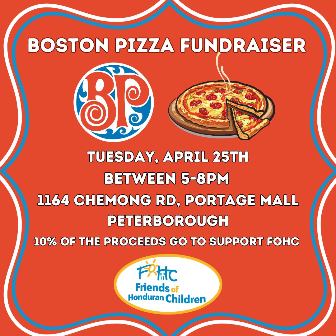fohc_friends's tweet photo. Haven't yet made dinner plans for tonight? Come on over to Boston Pizza on Chemong! 🍕 🍕 🍕 
Between 5-8pm this evening, 10% of the proceeds from all sales will go to support education activities and highschool scholarships in Honduras https://t.co/BDrsu27Ptw