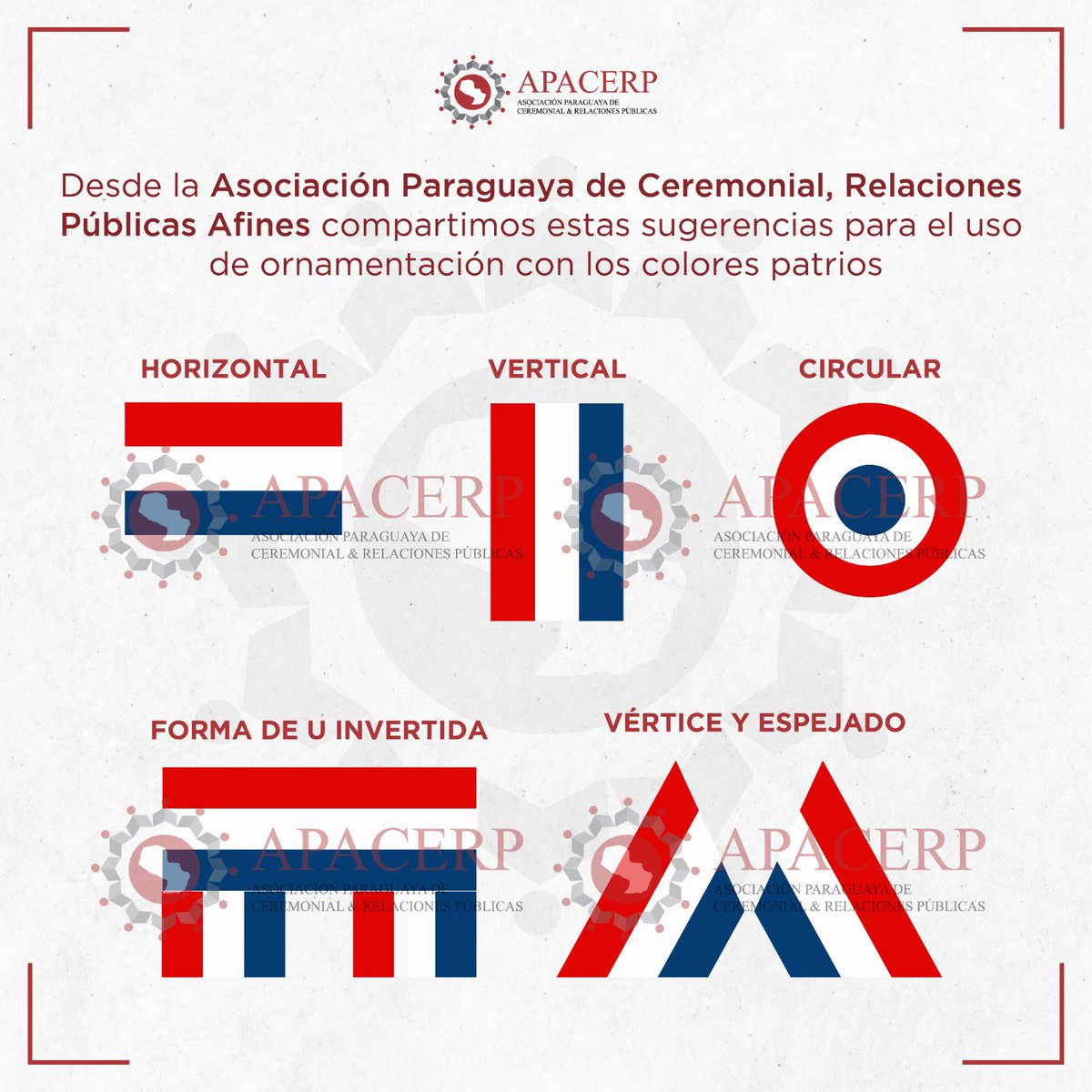 apacerppy's tweet photo. 👉 Siempre es importante recordar a los colegas y encargados del área de ornamentación de las diferentes instituciones, gremios y organizaciones sobre todo, en este mes de mayo la sugerencia del uso de los colores patrios 🇵🇾
#apacerp #ceremonial #protocolo #mesdelapatria https://t.co/9PV3qhg6uG