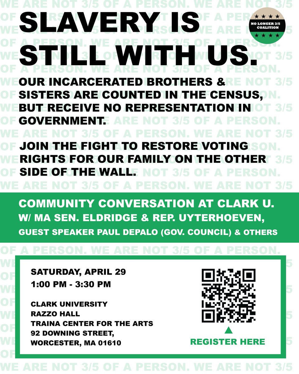 MassPowerVote's tweet photo. Looking for something to do this weekend? Join us at Clark University in Worcester on Saturday the 29th from 1-3:30pm for our next event. In a democracy, voting should be a right, not a privilege. Help us restore felony voting rights! https://t.co/n0bdsQrm91