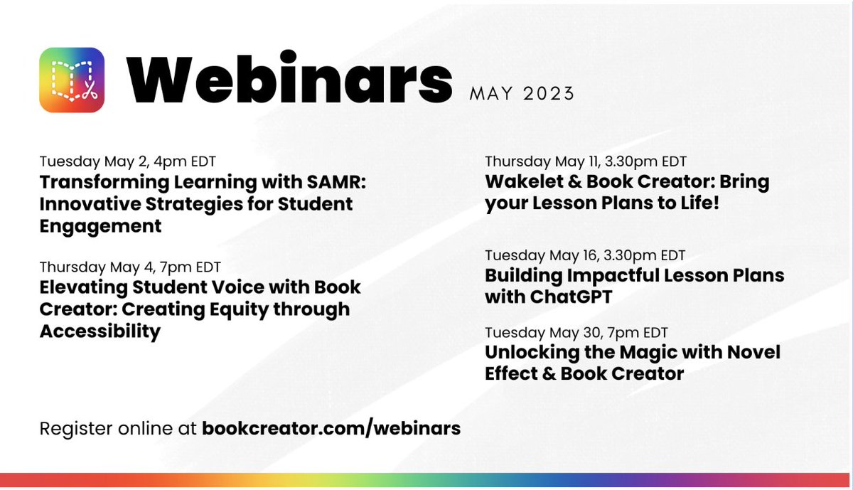 EdTechTeacher21's tweet photo. Our friends at @BookCreatorApp have some fantastic webinars planned for May, including one with our very own Director of Professional Learning, @ShawnMcCusker on May 4th! 

Learn more and register here: https://t.co/ZtXelT10Zd https://t.co/mN2RXQwSbD