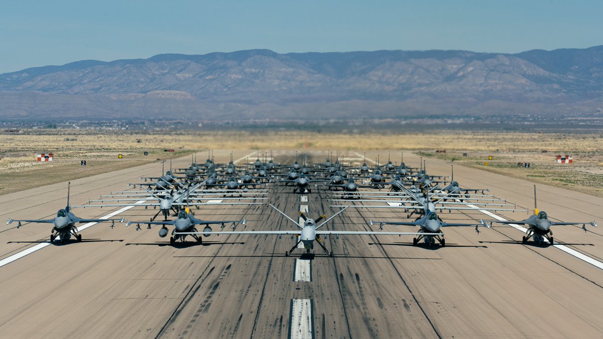 40 F-16 Vipers and 9 MQ-9 Reapers assigned to the #49thWing lined the runway in an elephant walk for an incredible display of #airpower at #HollomanAFB, April 21. The 49th Wing is the largest F-16 and MQ-9 formal training unit in the #USAirForce. Combat airpower starts here!