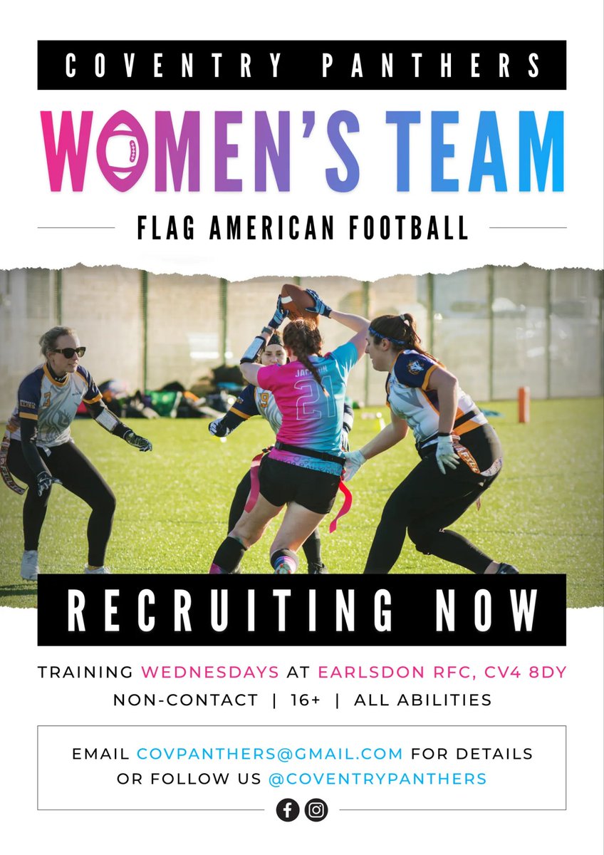 Looking for a new and exciting challenge? Look no further than the Coventry Panthers Women's Team 🐾 🏈

 Join us for training on Wednesdays 6:30-8:30pm at Earlsdon RFC, or message/email for more details