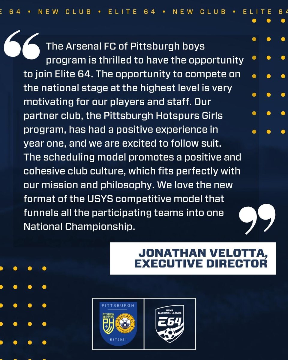 National League (@nationalleague) on Twitter photo We are very excited to welcome <a href="/ArsenalFCofPgh/">Arsenal FC of Pittsburgh</a> as a new Elite 64 boys club! #EveryMomentCounts We are very excited to welcome <a href="/ArsenalFCofPgh/">Arsenal FC of Pittsburgh</a> as a new Elite 64 boys club! #EveryMomentCounts