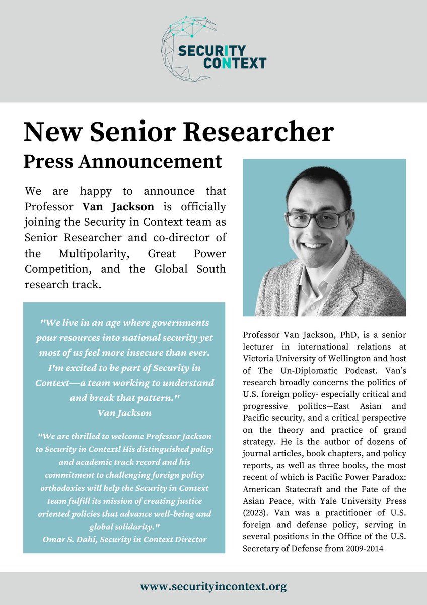 SecurityContext's tweet photo. 🎉We are happy to announce that Professor Van Jackson (@WonkVJ) is officially joining the #SecurityInContext team!
He will be Senior Researcher and Co-Director of the Multipolarity, Great Power Competition, and the Global South research track.
📡Stay tuned for more updates! https://t.co/LWTzEFrRK3