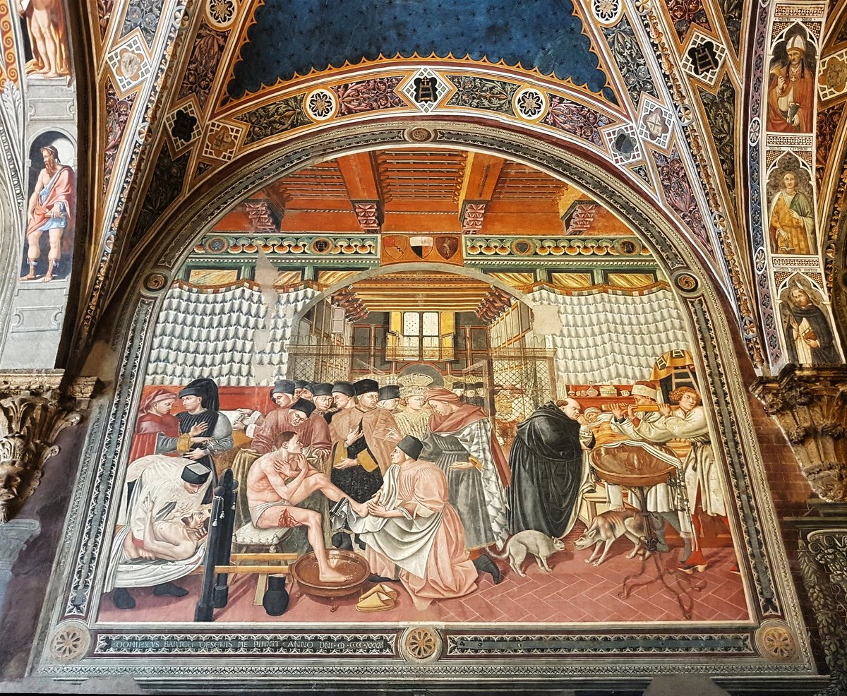 Uno de los mejores documentos gráficos sobre el funcionamiento de un hospital en la #EdadMedia y el #Renacimiento se encuentra en la Sala de los Peregrinos del Spedale di Santa Maria della Scala, uno de los más antiguos de Europa y uno los principales núcleos artísticos de #Siena