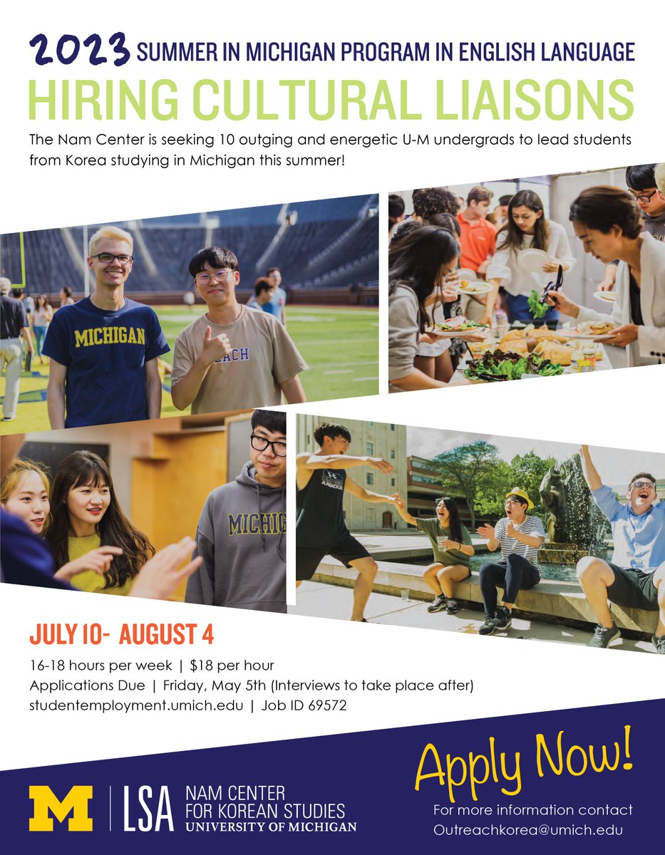 Summer job opportunity (in-person, Ann Arbor)! Open to current University of Michigan undergraduate students only. Apply through the student employment website by May 5!
See the listing for details: studentemployment.umich.edu/jobxJobdetailP…
<a href="/iiumich/">U-M International Institute</a> #namcenter #koreanstudies #한국학센터