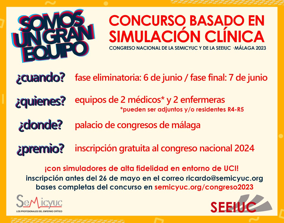 semicyuc's tweet photo. 🤝¡Somos un gran equipo! SEMICYUC y @seeiucoficial  organizan en el Congreso Nacional un concurso por equipos que se enfrentarán a escenarios de simulación clínica de alta fidelidad. Inscribe el tuyo de 2 médicos + 2 enfermeras antes del 26 de mayo + info https://t.co/QdJsNk7Iqu https://t.co/vmhHx6emVB