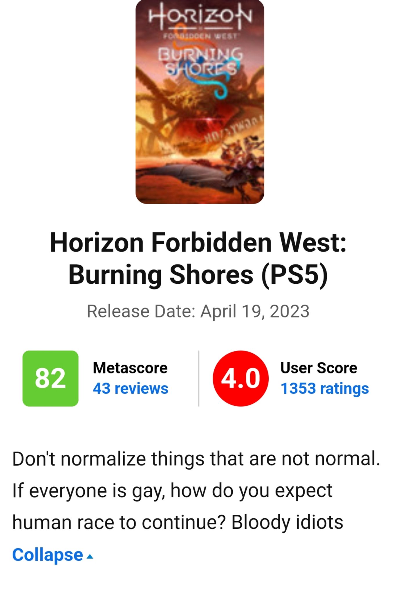 Horizon Forbidden West: Burning Shores being bombed on Metacritic