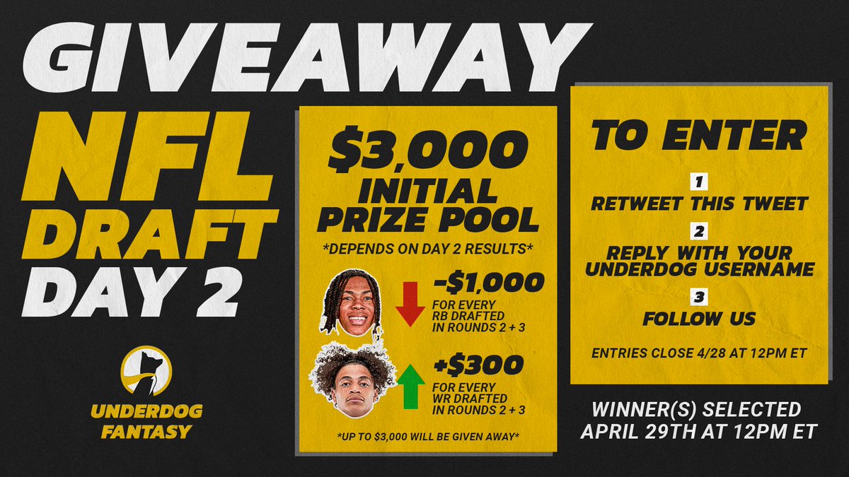 Underdog's tweet image. NFL Draft Day 2 Giveaway 👀

Here's your chance to win a piece of the potential $3,000 prize pool!

To enter, just...
1⃣ Retweet this
2⃣ Reply with your Underdog username
3⃣ Follow us

Entries close 4/28 at 12pm ET, winners announced 4/29 at 12pm ET ⏳