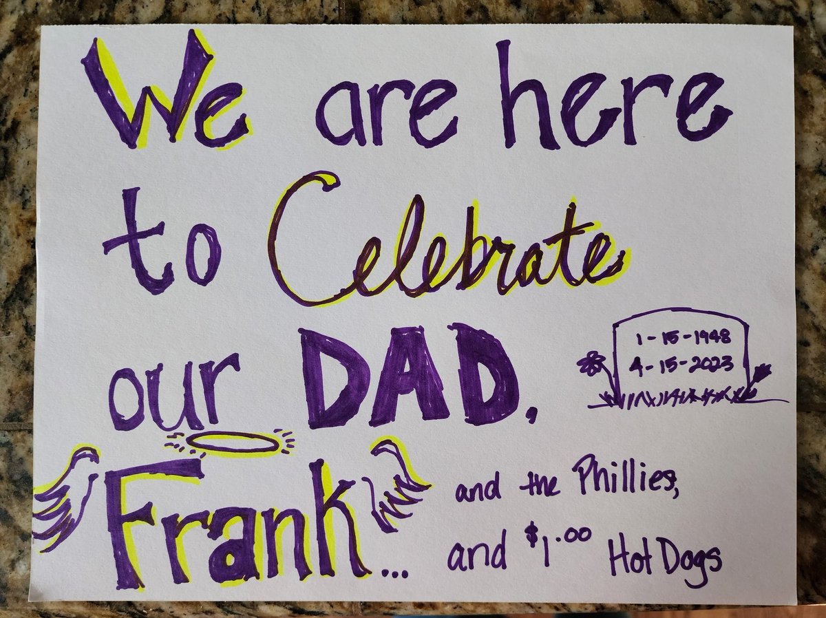 beckypa1's tweet photo. Hey @Phillies , can you honor our dad on the big screen tonight? We are in SECT 112, row 11, seats 17 and 18? We buried our Dad, Frank Paone yesterday, he died wearing one of his Phillies tshirts. https://t.co/NXrGXQtCpz