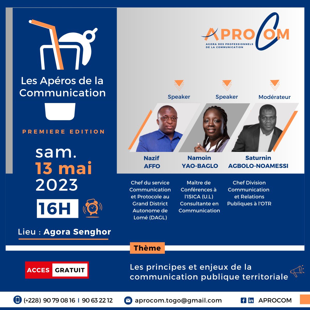 BarakatAboudou's tweet image. La #communication #publique #territoriale a ses spécificités. Pour en parler avec les acteurs du domaine, #AprocomTogo organise les « Apéros de la #communication  autour des principes et enjeux de la communication publique territoriale au #Togo.