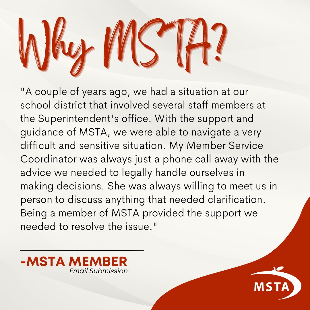 MSTA's tweet photo. Why join MSTA? We are always ready to serve our members by offering the support and resources they need to be successful. It is our mission to advocate for and empower public educators so they can do what they do best... teach! 

https://t.co/KvxJ07rkl6 https://t.co/4b3PyIwBoc