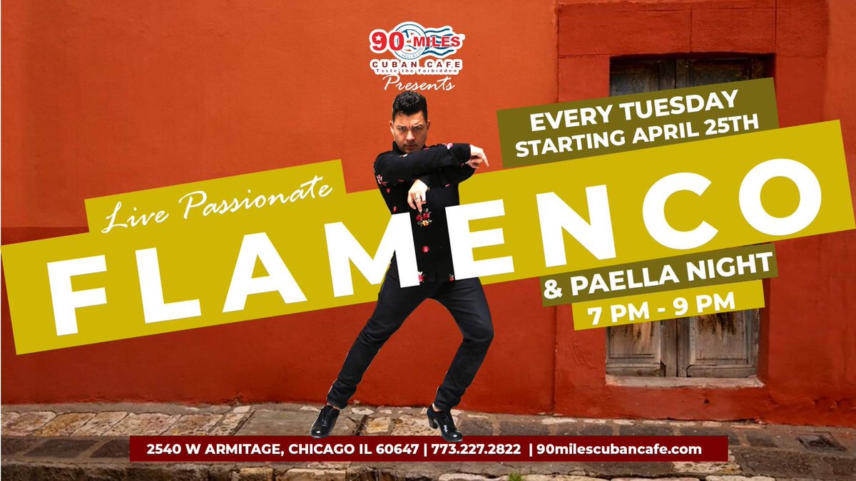 90MilesChicago's tweet photo. 🚨 Tuesday April 25th 🚨 
🎉🍴🍷Join us for a night of flamenco dancing and delicious paella at our Cuban restaurant on Tuesday, April 25th at 7 PM!🎉🍴🍷

🍷 We are #BYOB 
💻 Reservations: https://t.co/JlC3nrYOCf

☎️ Logan Square: 773.227.2822
#Chicago #CubanCuisine https://t.co/wMoeQ8OknC