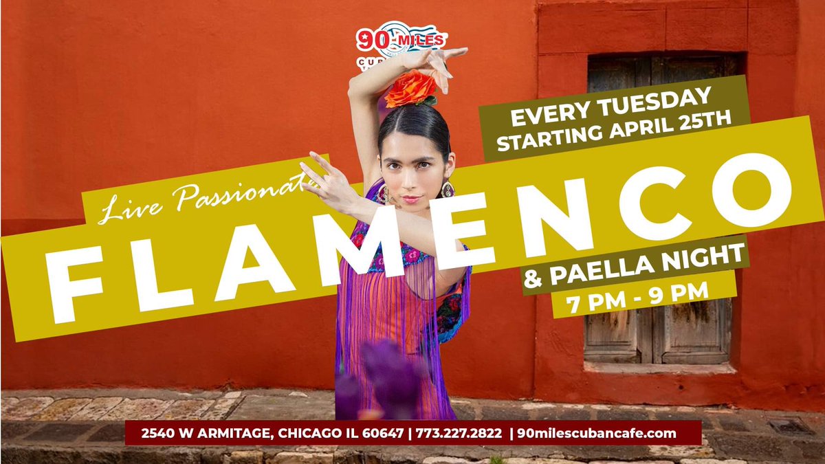 90MilesChicago's tweet photo. 🚨 Tuesday April 25th 🚨 
🎉🍴🍷Join us for a night of flamenco dancing and delicious paella at our Cuban restaurant on Tuesday, April 25th at 7 PM!🎉🍴🍷

🍷 We are #BYOB 
💻 Reservations: https://t.co/JlC3nrYOCf

☎️ Logan Square: 773.227.2822
#Chicago #CubanCuisine https://t.co/wMoeQ8OknC