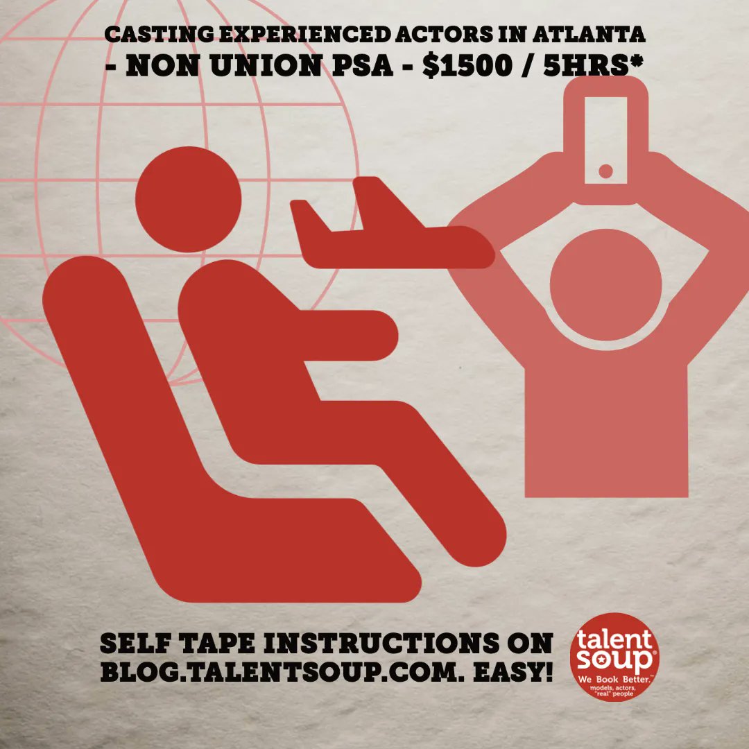 talentsoup's tweet photo. Now casting experienced actors in and around Atlanta. Non Union PSA, $1500/5 hours*
The Soup tastes good today! Get in the mix! #webookbetter #casting #castingcall #atlmodels #atlactor #atlactors #atlantaactor #atlantamodel #atlantamodels #atlcasting #atlantacasting https://t.co/bwb2Pi9WwP
