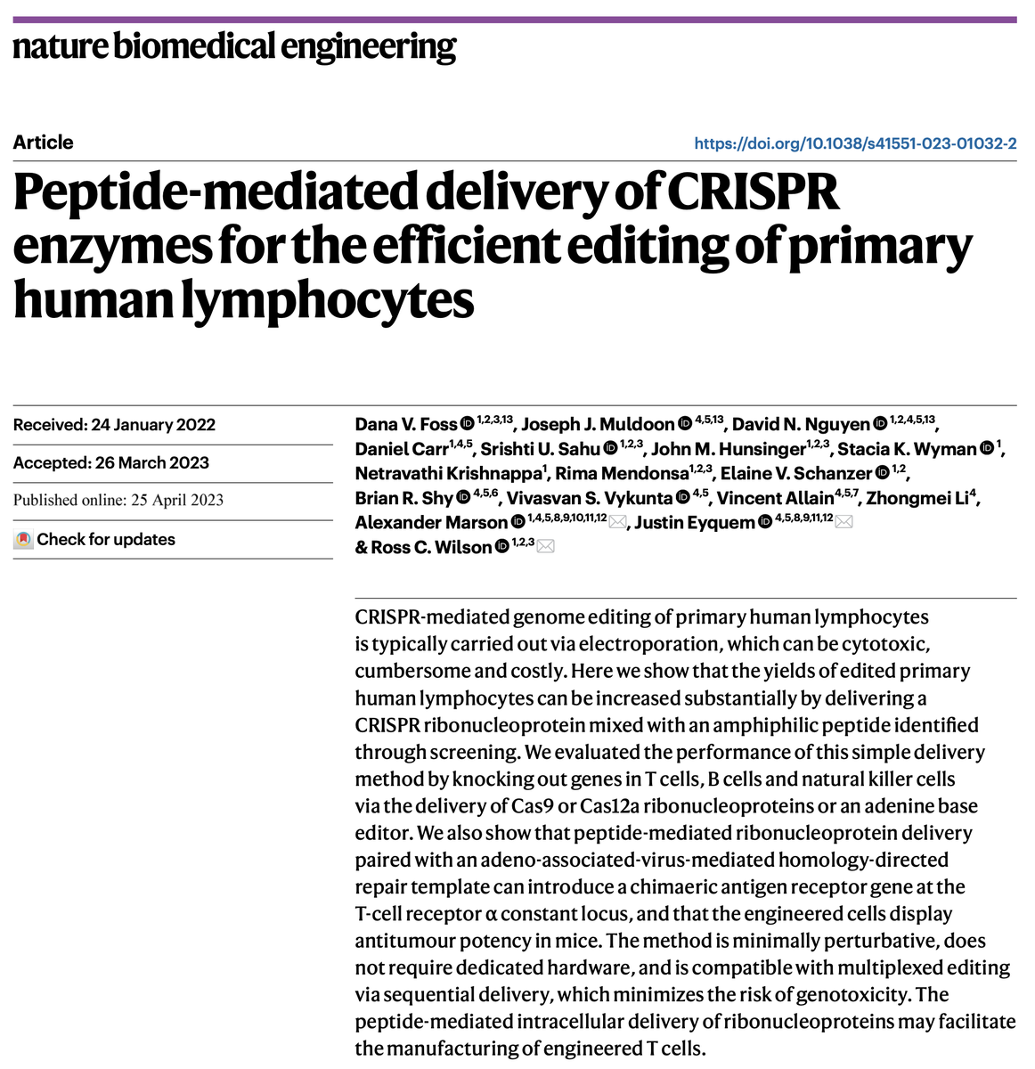 natBME's tweet photo. Peptide-mediated delivery of CRISPR enzymes for the efficient editing of primary human lymphocytes

https://t.co/X9ZvnG6XtK https://t.co/av1YCeDD6M