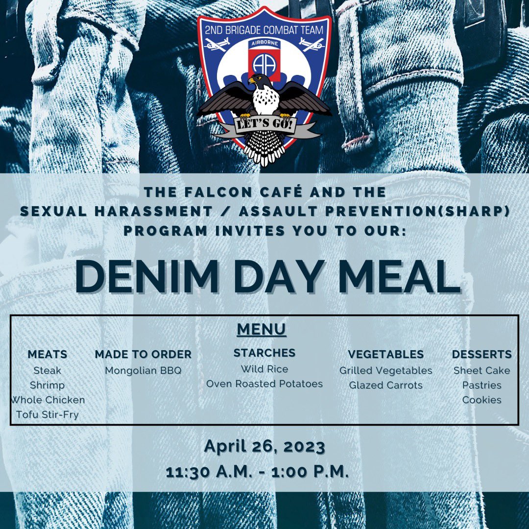 2BCT_FALCONS's tweet photo. Tomorrow is Denim Day, when Paratroopers across the #FalconBrigade may wear denim &amp; teal in support of victims of sexual violence, &amp; to bring awareness to victim blaming &amp; destructive myths surrounding sexual violence. LET’S GO!
#ParatroopersFirst #ArmySHARP #AATW @82ndABNDiv https://t.co/6ERHarJOch