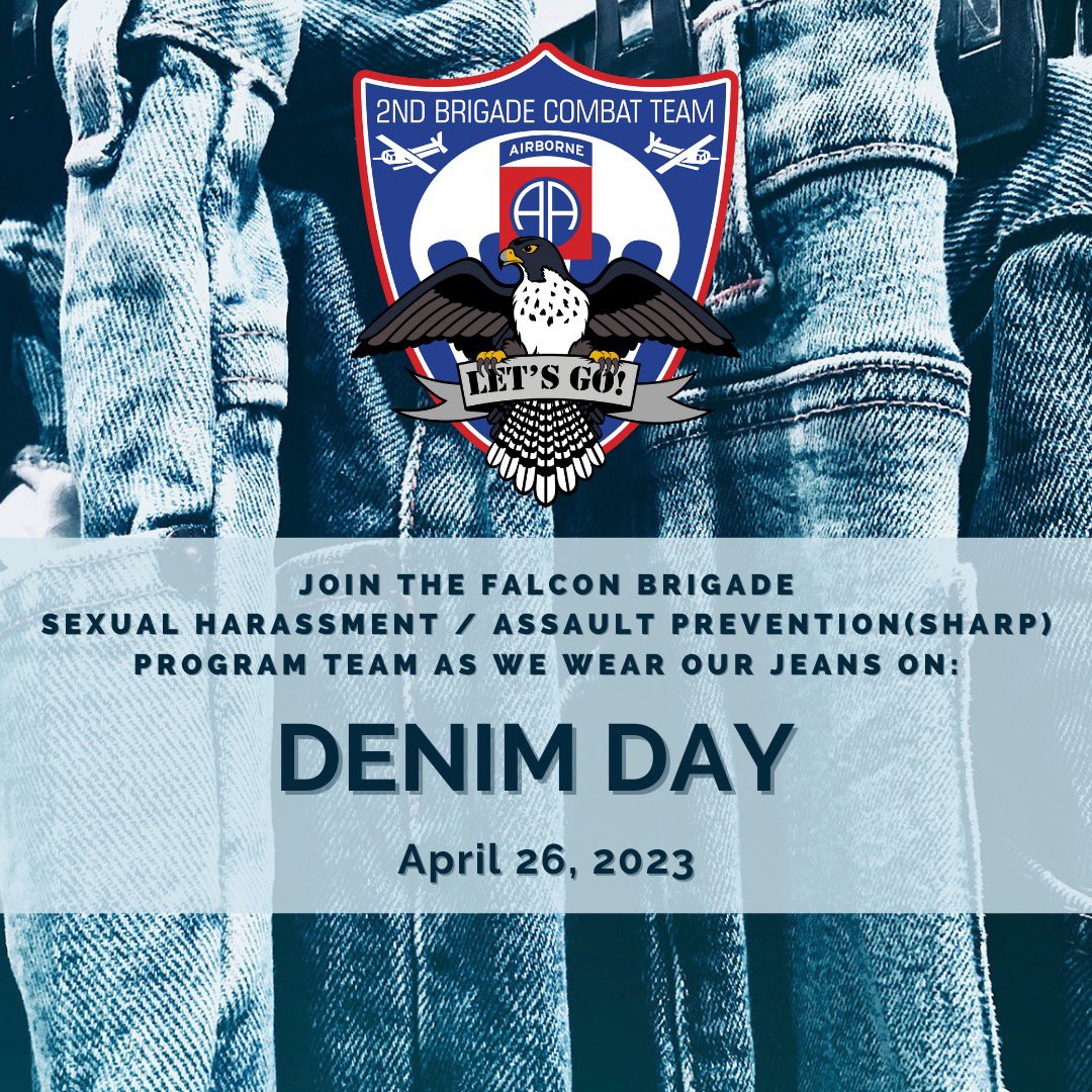 2BCT_FALCONS's tweet photo. Tomorrow is Denim Day, when Paratroopers across the #FalconBrigade may wear denim &amp; teal in support of victims of sexual violence, &amp; to bring awareness to victim blaming &amp; destructive myths surrounding sexual violence. LET’S GO!
#ParatroopersFirst #ArmySHARP #AATW @82ndABNDiv https://t.co/6ERHarJOch
