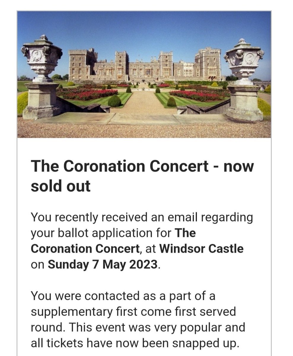 FuzzyRobson's tweet photo. So I got allocated tickets for the Coronation concert at 12.03 and by 14.00 all the tickets had gone. 

And I was in the middle of an Ofsted Deep Dive.

@RoyalFamily @KensingtonRoyal please work your magic and make a hardworking teacher's dreams come true! https://t.co/AV0FdNRfu7