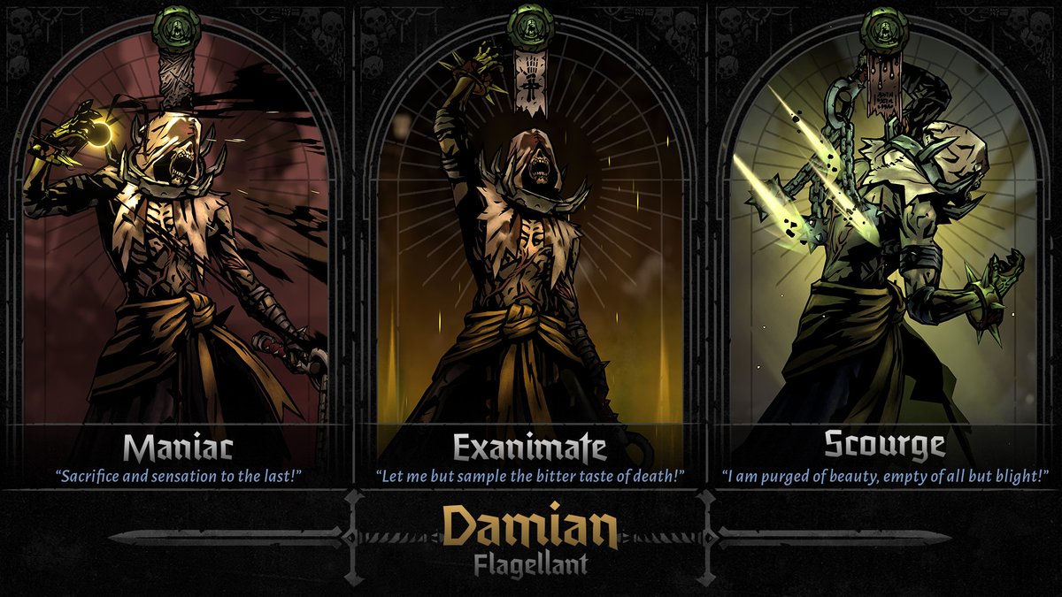DarkestDungeon's tweet photo. Maniac. Exanimate. Scourge.

The Flagellant has 3 unique hero paths. Discover them all when Darkest Dungeon II releases on May 8th.

WISHLIST DARKEST DUNGEON II ON STEAM NOW: https://t.co/FBCQx501Xd

#DarkestDungeon2 #DarkestDungeon https://t.co/OM1O2QKpmg