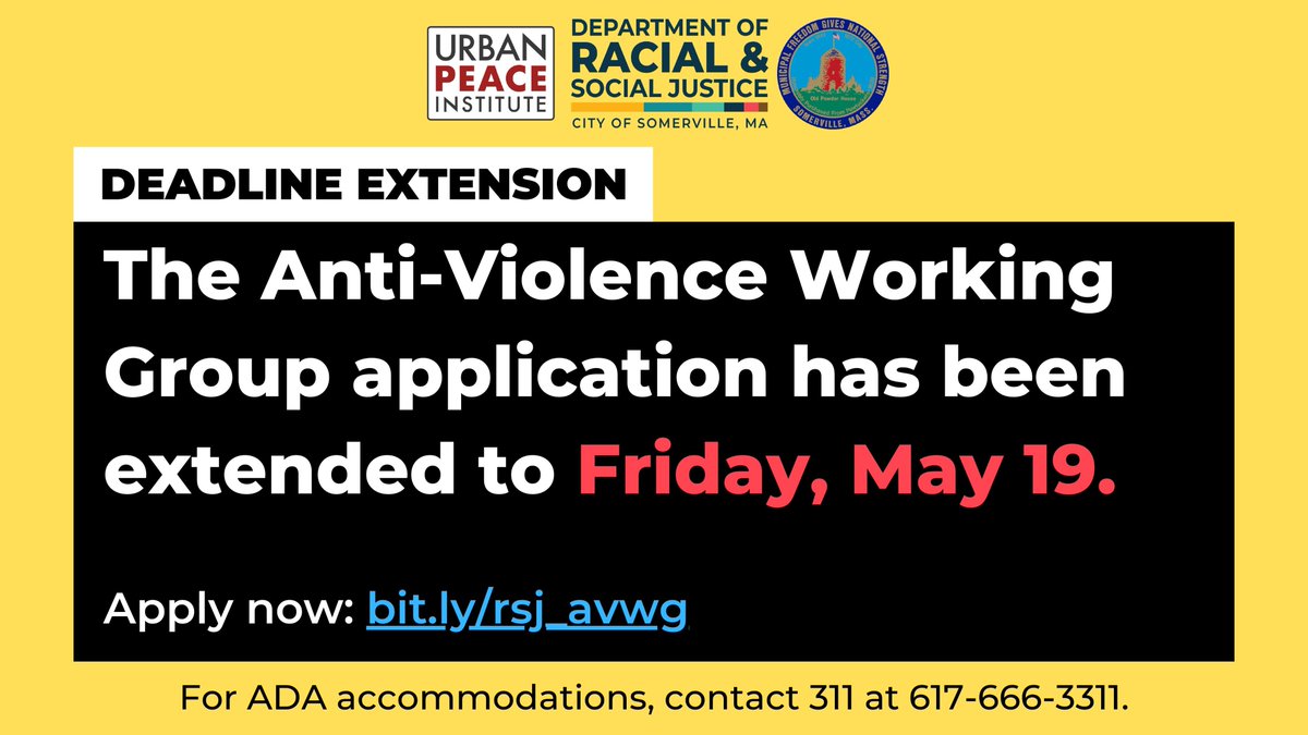 somerville_rsj's tweet photo. The Anti-Violence Working Group application has been extended and is now open until Friday, May 19th at 7:00 p.m.

You can apply online at https://t.co/zrW8Uwbsc3 or visit the RSJ website at https://t.co/4YuV6j27fw to learn how to apply in-person. https://t.co/0XIb1bwn2o