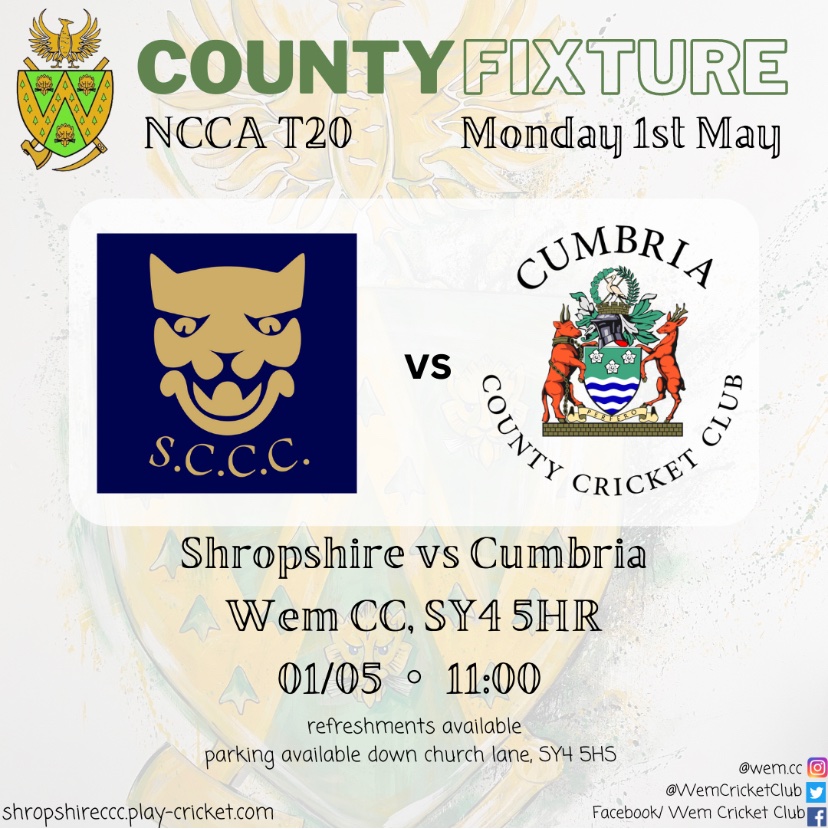 Wem CC (@wemcricketclub) on Twitter photo ๐County Fixture
Come join us as we host the <a href="/NCCA_uk/">NCCA (National Counties Cricket Association)</a> T20 fixtures between <a href="/shropshireccc/">Shropshire CCC</a> and <a href="/CUMBERLANDCCC1/">CUMBRIA CCC</a>
The teams will play in two T20 matches, first one starting at 11am.
MAIN CAR PARK ONLY OPEN TO PLAYERS AND OFFICIALS. Parking available down Church Lane, SY4 5HS ๐County Fixture
Come join us as we host the <a href="/NCCA_uk/">NCCA (National Counties Cricket Association)</a> T20 fixtures between <a href="/shropshireccc/">Shropshire CCC</a> and <a href="/CUMBERLANDCCC1/">CUMBRIA CCC</a>
The teams will play in two T20 matches, first one starting at 11am.
MAIN CAR PARK ONLY OPEN TO PLAYERS AND OFFICIALS. Parking available down Church Lane, SY4 5HS