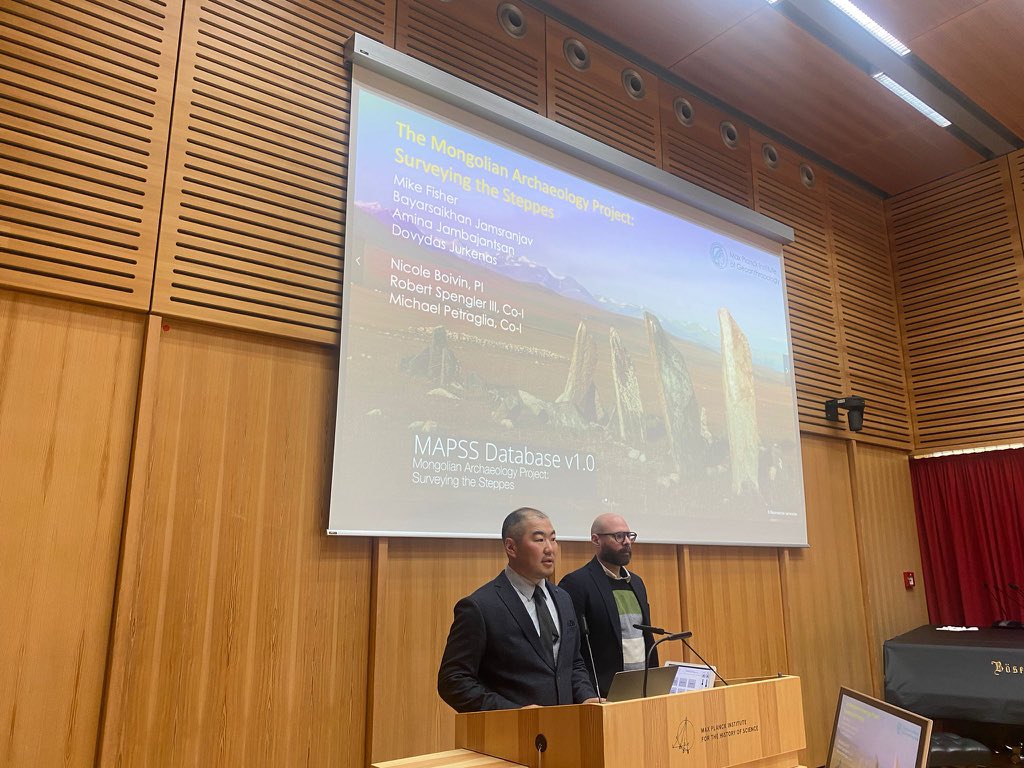 MAPSS_Project's tweet photo. @ja_bayaraa and Mike Fisher presenting MAPSS research to the visiting Mongolian delegation including Minister of Education &amp; Science, Enkh-Amgalan, at @MPIWG, followed by a beautiful long song performance at the Mongolian Embassy in Berlin. A great opportunity to discuss ideas. https://t.co/xM8iLEJepY
